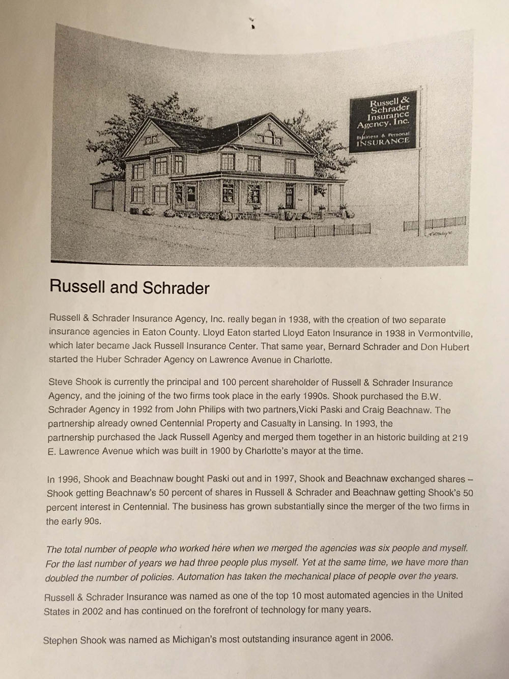 Our History - Illustration of Russell & Schrader Insurance Office Building with Description About the Agency and History